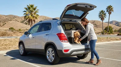 Small dog looking out the window of a car rental parked near a sunny beach in California