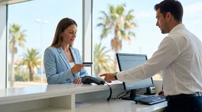 Close up of a person handing a credit card to an agent at a car hire desk in Florida