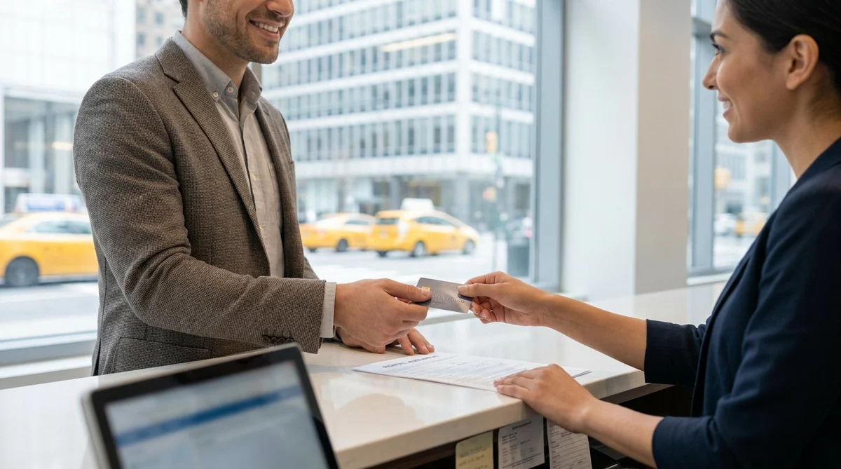 Person handing a physical credit card to an agent at a car hire counter in New York