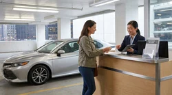 Customer signing paperwork and receiving keys at a New York car rental desk