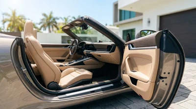 Clean leather front seats and steering wheel of a car rental parked in sunny Miami