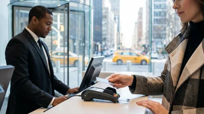 Close up of a person handing a credit card to an agent at a car hire counter in New York