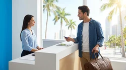 Close up of a customer handing a credit card to a service agent at a Miami car hire desk