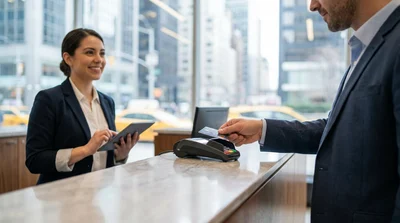 Person handing a credit card to a car rental agent in a New York office