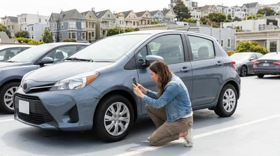 Person inspecting and photographing a parked car rental with a smartphone on a San Francisco street