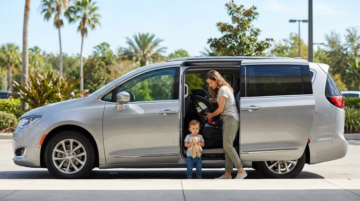 Child safety seat securely installed in the back of a car rental parked on a sunny Orlando street
