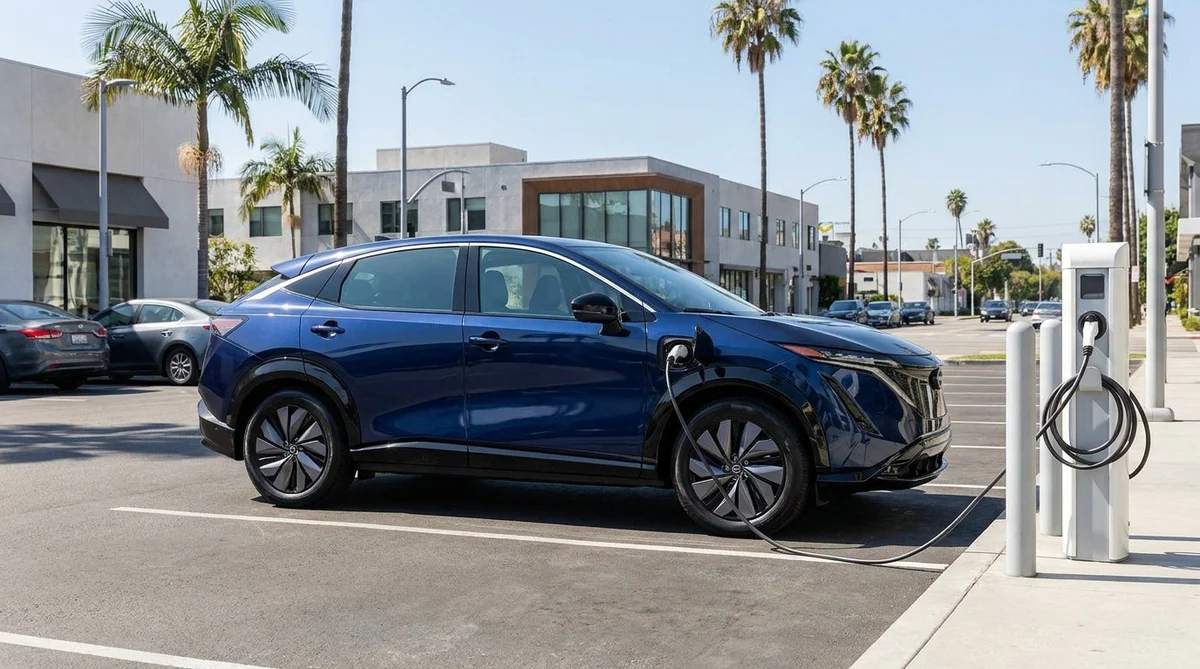 White electric car rental plugged into a charging station on a sunny street in Los Angeles