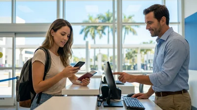 Person looking at a smartphone beside a car hire parked on a sunny palm-lined street in Miami