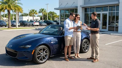 Woman reviewing car rental paperwork on the hood of a vehicle under palm trees in Florida