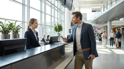 Person with luggage approaching a car rental desk at San Francisco International Airport