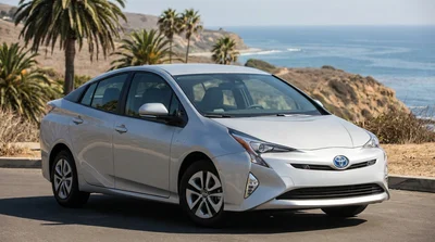 White hybrid car rental parked overlooking the ocean on a sunny California coast