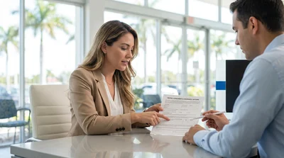 Modern car rental driving on a sunny coastal highway lined with palm trees in Florida