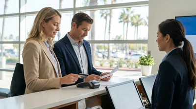 A customer handing a credit card to an agent at a car hire pickup desk in California