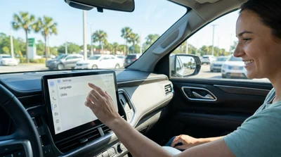 Driver adjusting the digital dashboard screen inside a car rental in Orlando