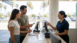 Customer handing a credit card to an agent at a California car hire pick-up counter
