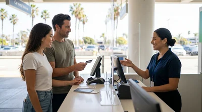 Customer handing a credit card to an agent at a California car hire pick-up counter