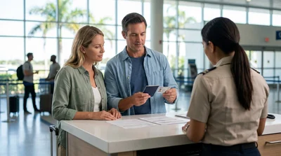 A customer handing a driver's license to an agent at a car rental desk in Florida