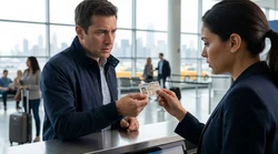 Customer handing a damaged driving licence to an agent at a New York car rental desk