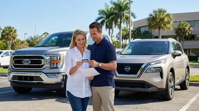 White SUV car rental driving past palm trees on a scenic coastal road in Florida