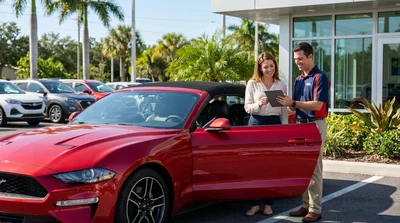 White car rental driving along a scenic coastal road with palm trees in Florida