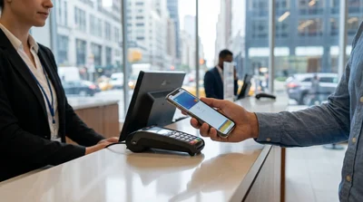 Person holding a smartphone over a payment terminal at a New York car rental desk