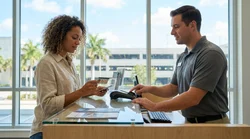 Person handing a UK photocard driving licence to an agent at a Florida car hire desk