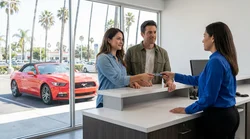 Close-up of a person handing a credit card to an agent at a car rental desk in Los Angeles