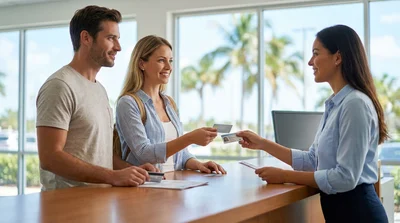 Two people driving a car rental down a sunny coastal road with palm trees in Florida