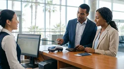 Close-up of a person paying with a credit card at a car rental desk in California
