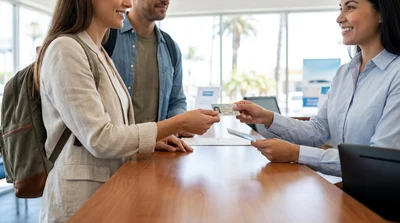 Person presenting a driver's license to an agent at a car rental desk in California