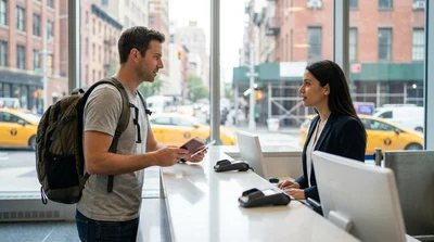 Person handing a US passport card to a car rental agent at a service counter in New York