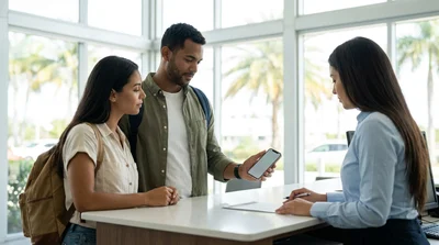 Traveler receiving car keys from an agent at a car rental desk in Miami