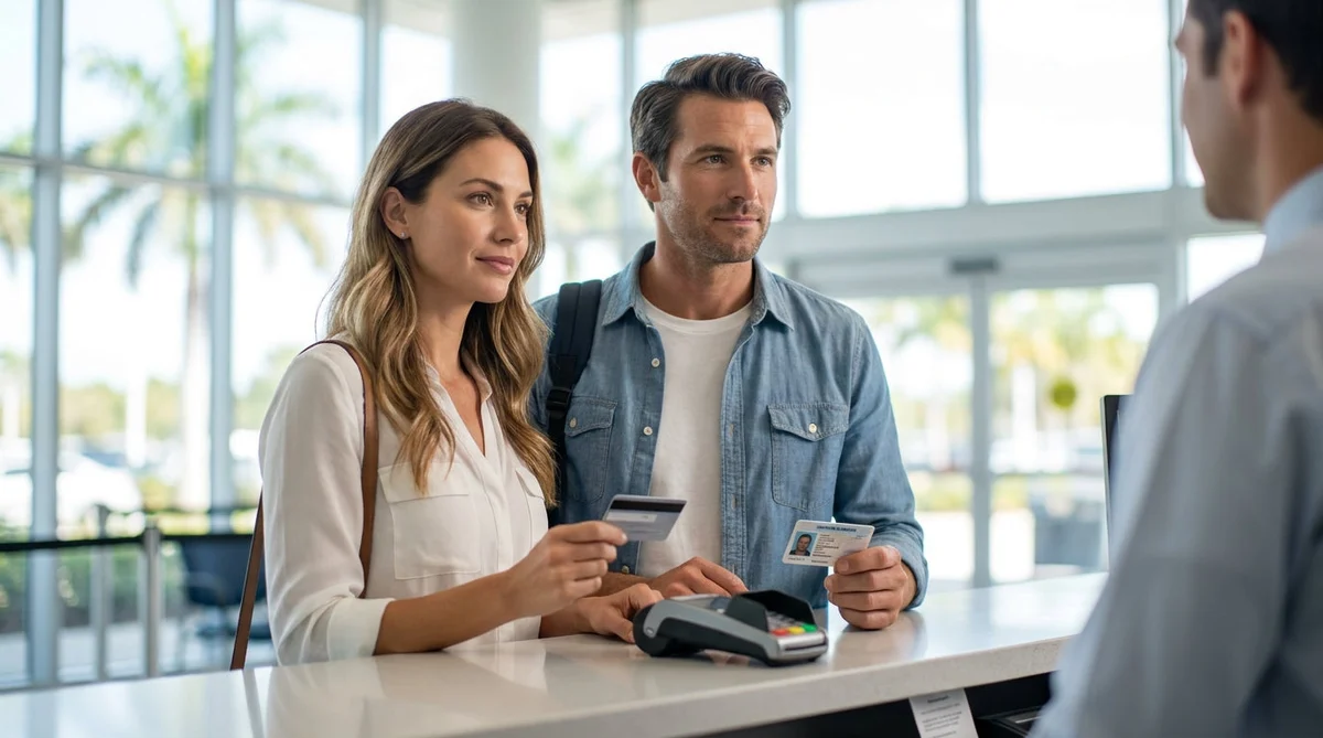 Two people smiling in the front seats of a car rental in Orlando
