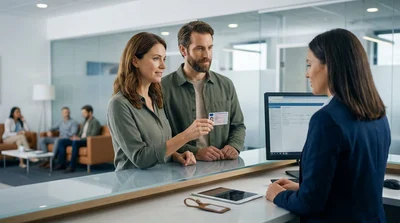 Person showing a driving license to an agent at a car rental desk in Pennsylvania