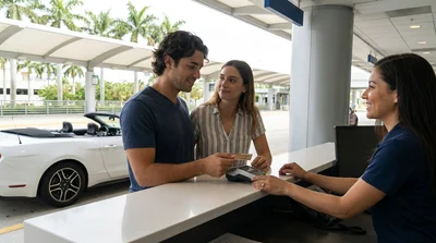 Customer handing a credit card to an agent at an Orlando car rental desk