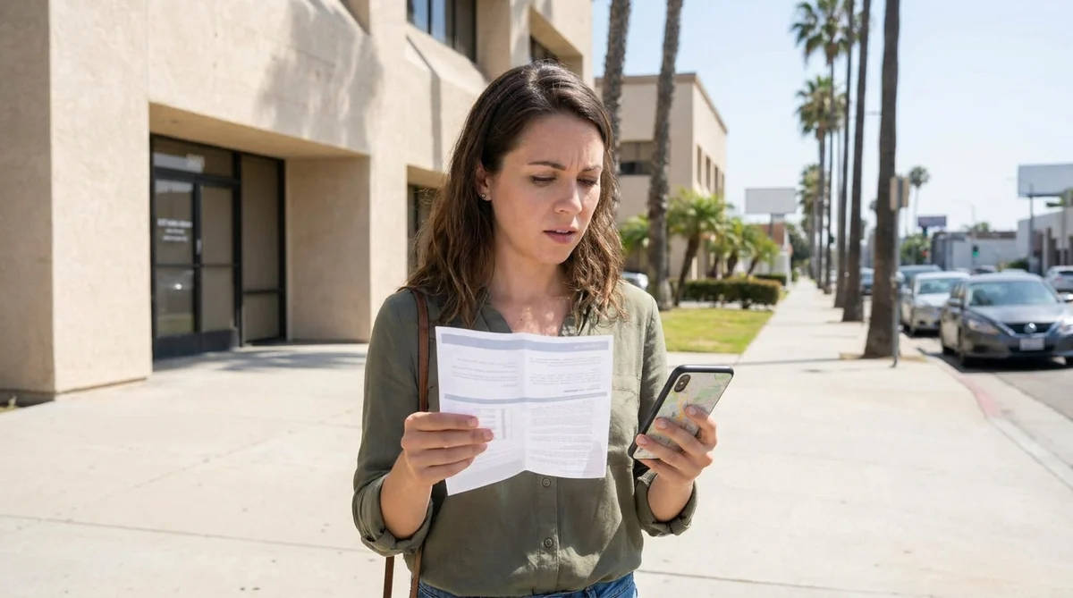 Traveler with luggage checking a voucher at an off-airport car rental pick-up spot in Los Angeles