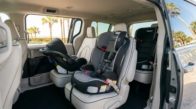Three child seats installed side by side in the back of an SUV car rental parked on a sunny Florida street