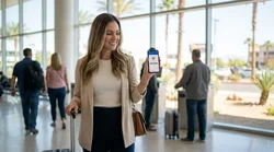 Person using a smartphone next to a white vehicle at a Las Vegas car rental lot