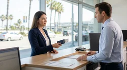 Person handing a driving licence to an agent at a Los Angeles car hire desk