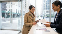 A person receiving vehicle keys and signing paperwork at a car rental desk in New York