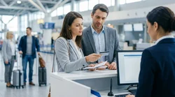 Close up of a driver handing a credit card to a clerk at a New York car rental desk