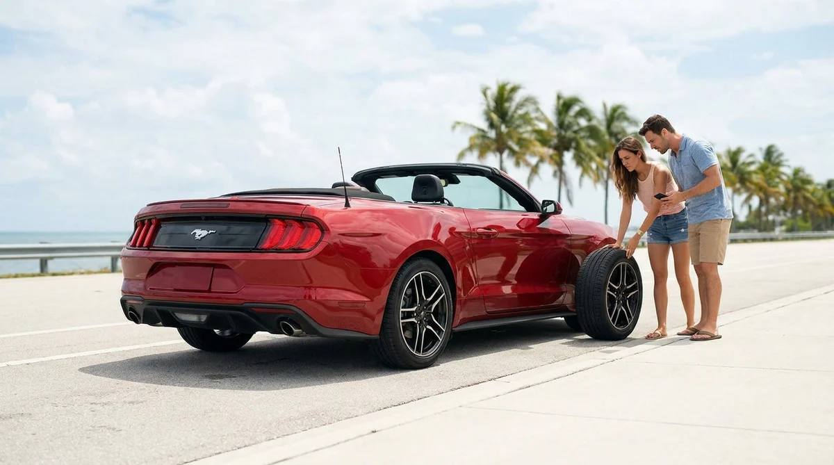 Driver using a phone next to a parked car rental with a flat tire on a sunny palm-lined street in Miami
