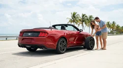 Driver using a phone next to a parked car rental with a flat tire on a sunny palm-lined street in Miami