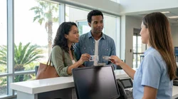 Two people handing driver licenses to an agent at a car hire counter in Texas