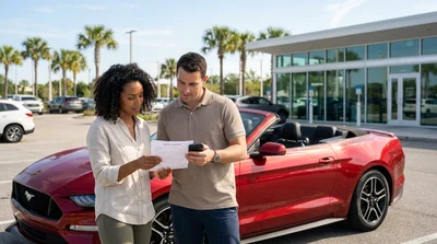 Silver car rental parked on a bright sunny street with palm trees in Orlando