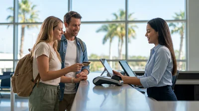 Agent handing keys to a smiling customer at a car hire counter in Florida