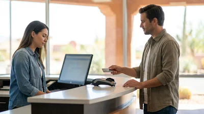 Customer showing a credit card to an agent at a car hire pick-up counter in Texas
