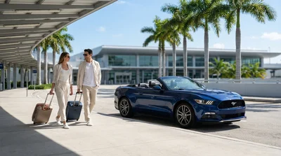 Traveler loading luggage into a white car at a sunny car rental lot in Miami