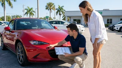 Woman holding a clipboard while inspecting a car rental parked outside under sunny palm trees in Florida