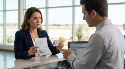 Close-up of a person holding a passport and driver's license at a Texas car rental counter